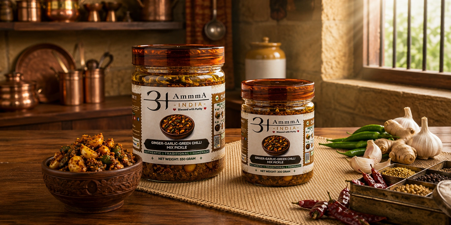 AmmmA-India-Ginger-Garlic-Green-Chilli-Mix-Pickle-Adrak-Lehsun-Hari-Mirchi-Ka-Mix-Achar-Description